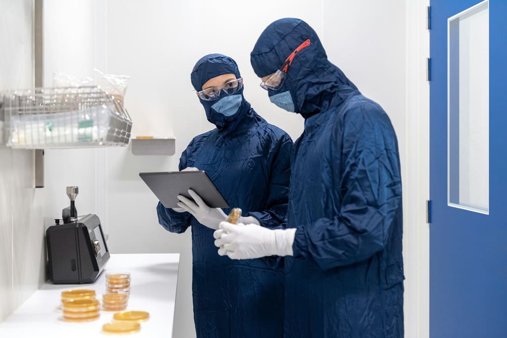 Temiz oda kıyafetli iki teknisyen, üretim kayıtlarını tablet üzerinde birlikte gözden geçiriyor