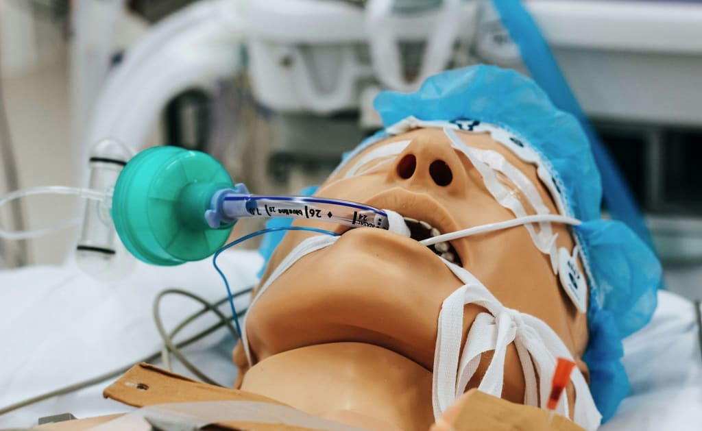 Hava yolu yönetimi eğitim istasyonunda, solunum tüpü yerleştirilmiş simülasyon mankeni